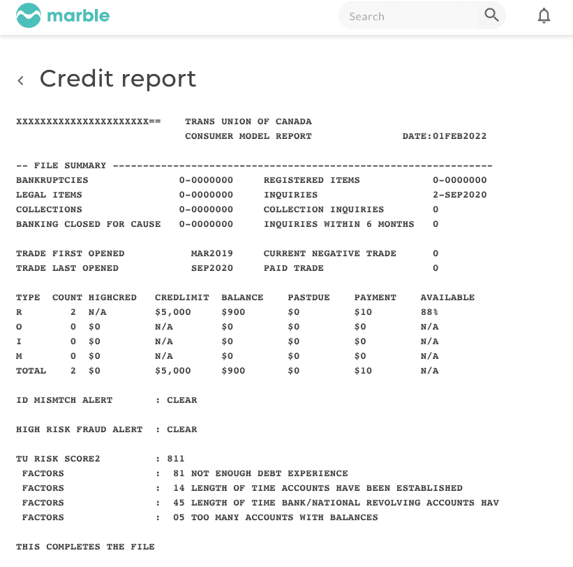 Marble Credit Report