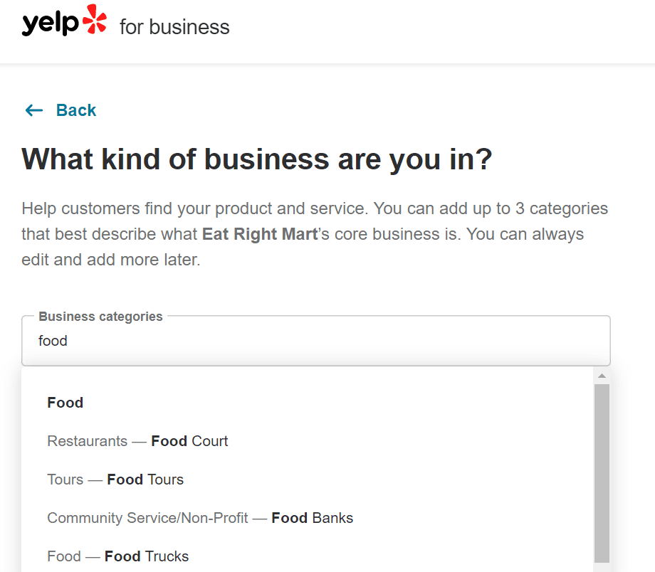 business category yelp