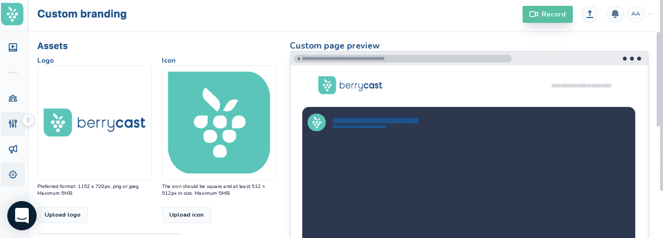 custom branding feature in Berrycast