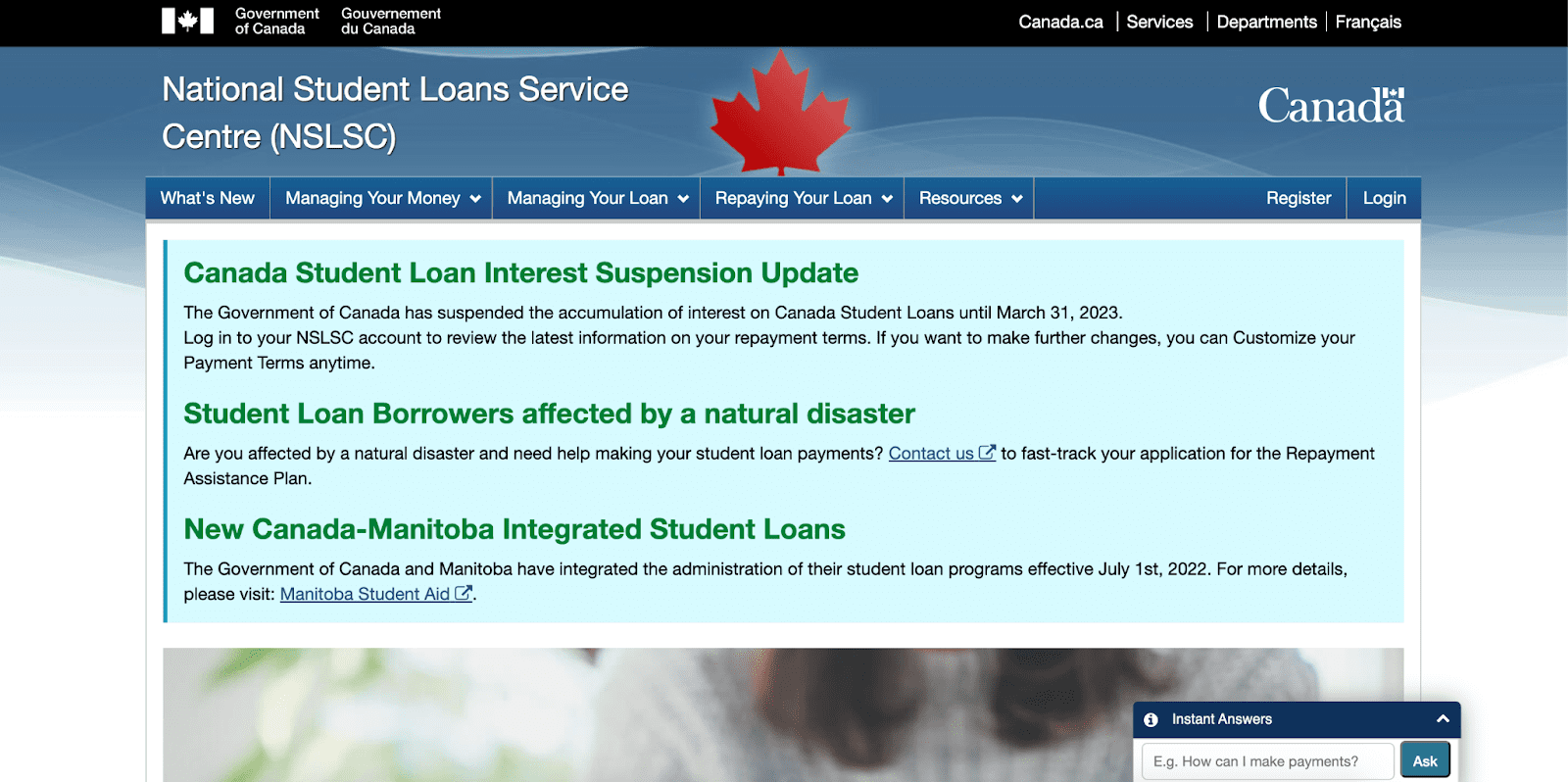 National Student Loans Service Centre website