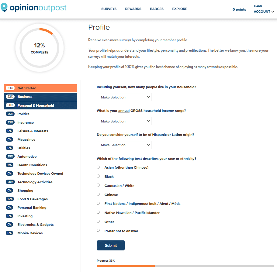 My Opinion Outpost user profile