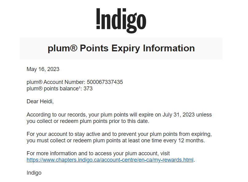 Indigo Plum email indicating the expiry of points