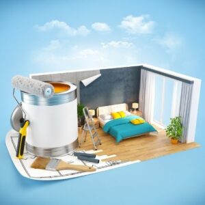 Digital render of a miniature bedroom against a giant paint cane and paint brush. Make money as a virtual interior designer.