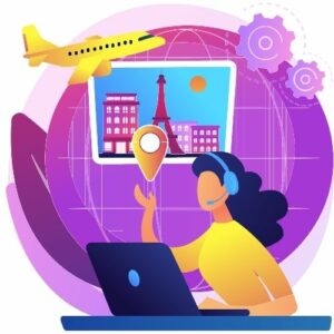 Cartoon of a woman working on a laptop from home with an image of a plane, Eiffel Tower, and globe behind her. Make money online as a virtual travel agent.