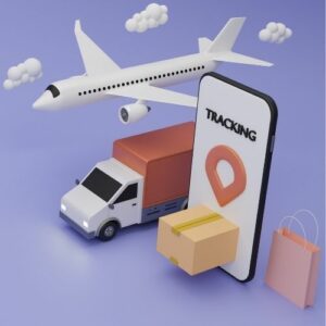 Digital image of a 3D box coming out of a giant smartphone, next to a freight truck and airplane. 