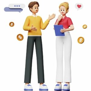 digital image of two people talking, coins in the background. Make money online by taking advantage of referral bonuses. 