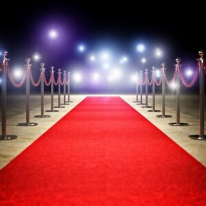 Photo of  a red carpet and event ropes leading to a cluster of flashing lights in the distance. Make money online as a virtual event planner. 