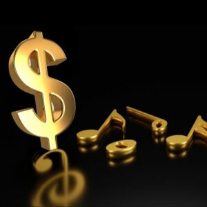 shiny gold dollar sign and music notes against a black background. Make money online by selling your music.