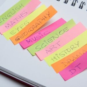 Close up photo of multi-coloured post-its with school subjects written on them.