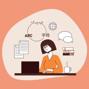 Digital image of a woman sitting at a desk with letters in different languages floating around her. 