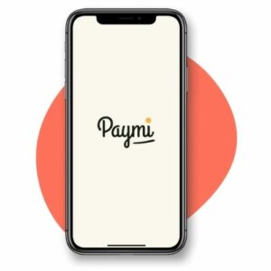 Close up photo of a smartphone with the Paymi logo on the screen.