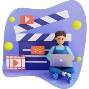 Digital image of a man on a laptop, sitting in front of a giant clapperboard. Make money online as a video editor.