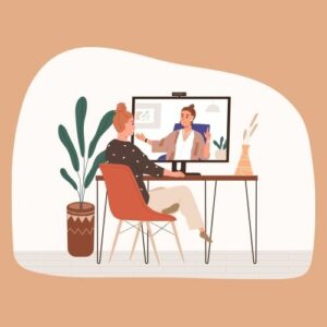 Digital illustration of a woman attending a virtual meeting from home. 