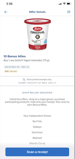 Example of product details in Air Miles app